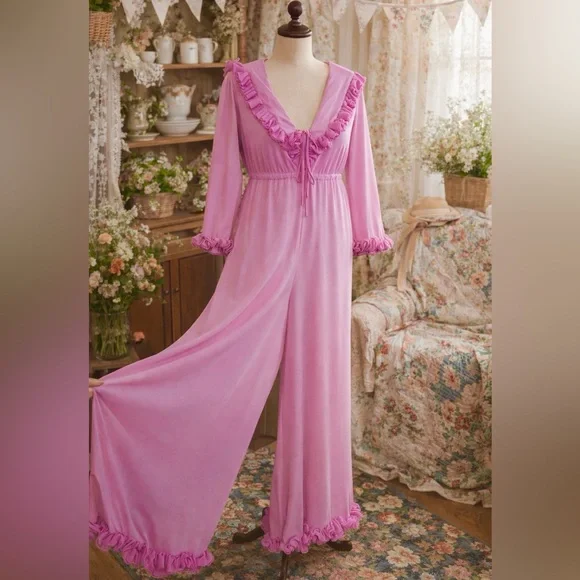 Vintage 1960s RARE Pink Ruffled Loungewear Jumpsuit - Picture 2 of 12